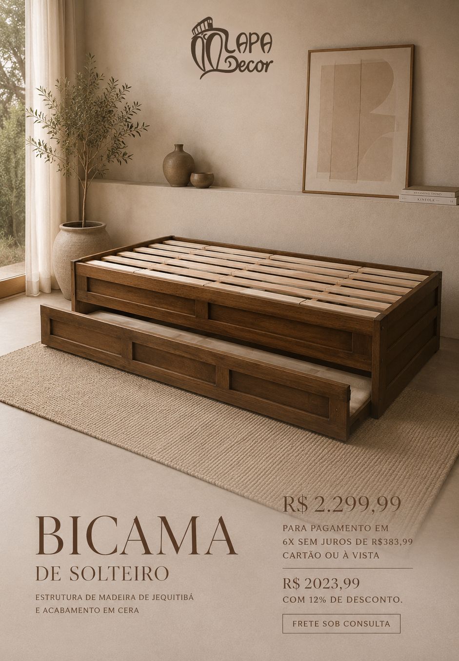 Bicama rústica solteiro em madeira jequitibá - Lapa Decor Rio de Janeiro