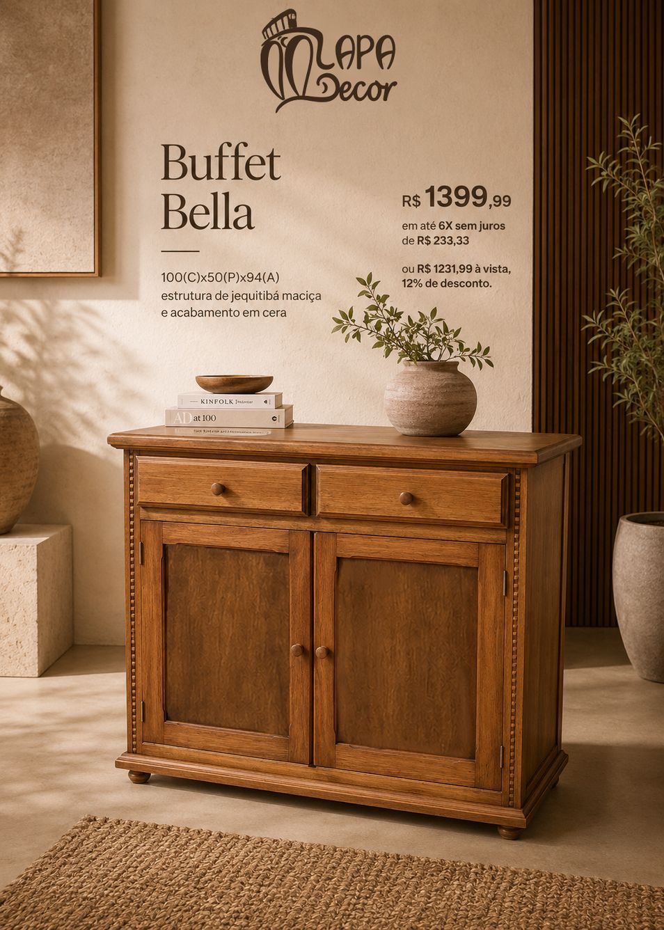 Buffet rústico 100x50cm em madeira de demolição maciça - Lapa Decor Rio de Janeiro