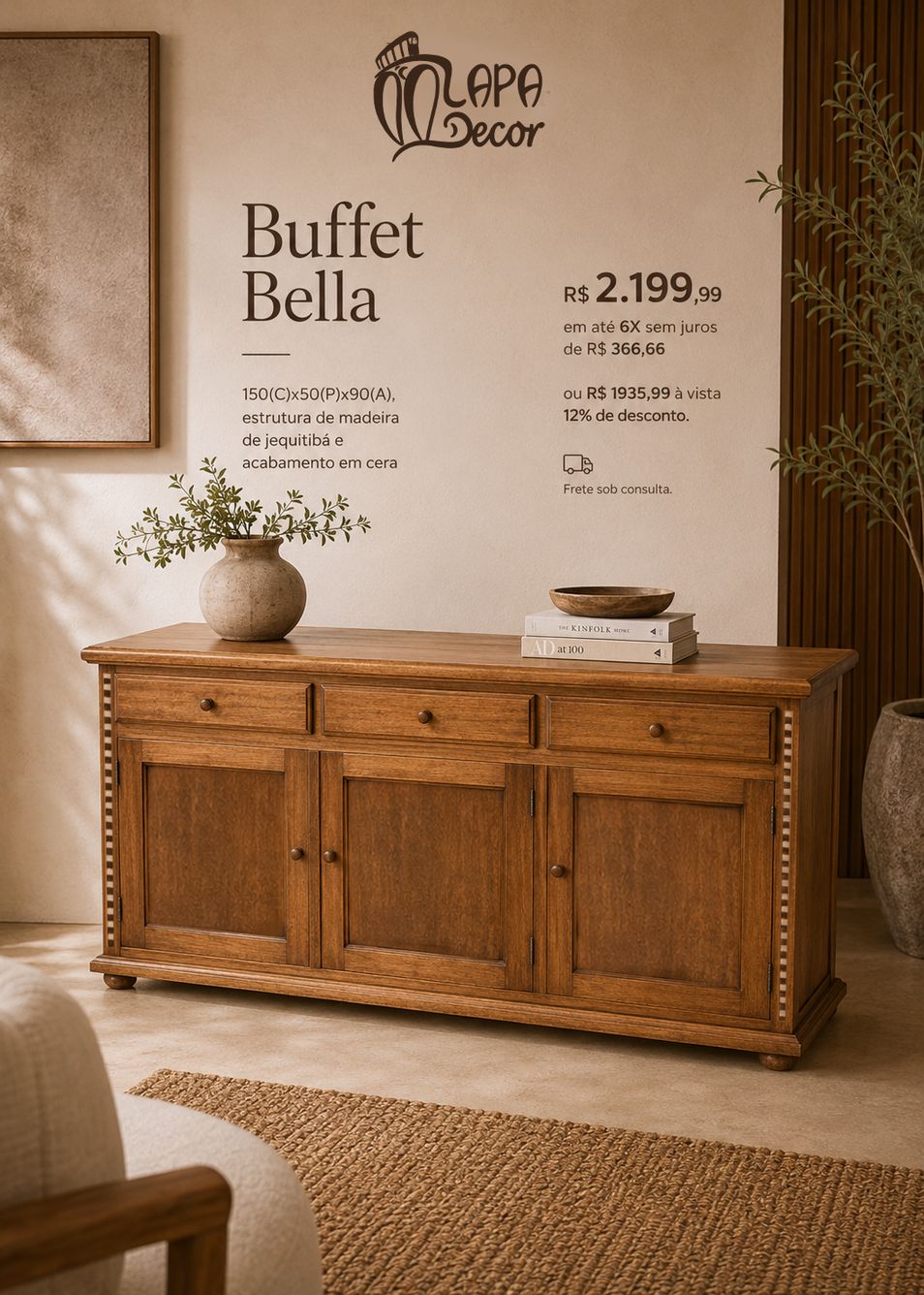 Buffet rústico 150x50cm em madeira de demolição maciça - Lapa Decor Rio de Janeiro