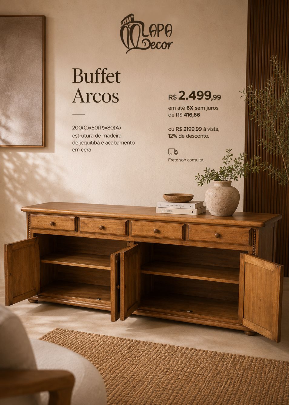 Buffet rústico 200x50cm em madeira de demolição maciça - Lapa Decor Rio de Janeiro