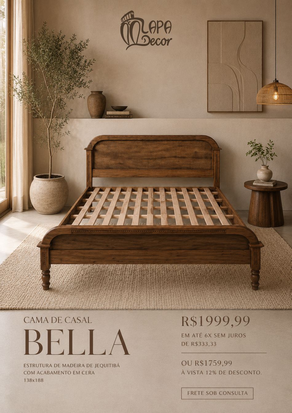 Cama rústica de casal em madeira jequitibá - Lapa Decor Rio de Janeiro
