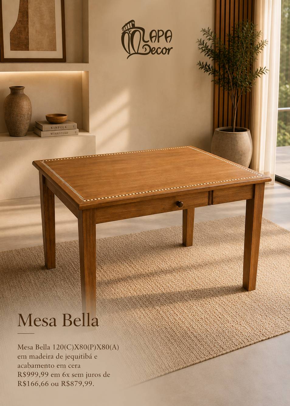 Mesa Bella 120x80x80cm em madeira jequitibá maciça, R$999,99 - Lapa Decor Rio de Janeiro