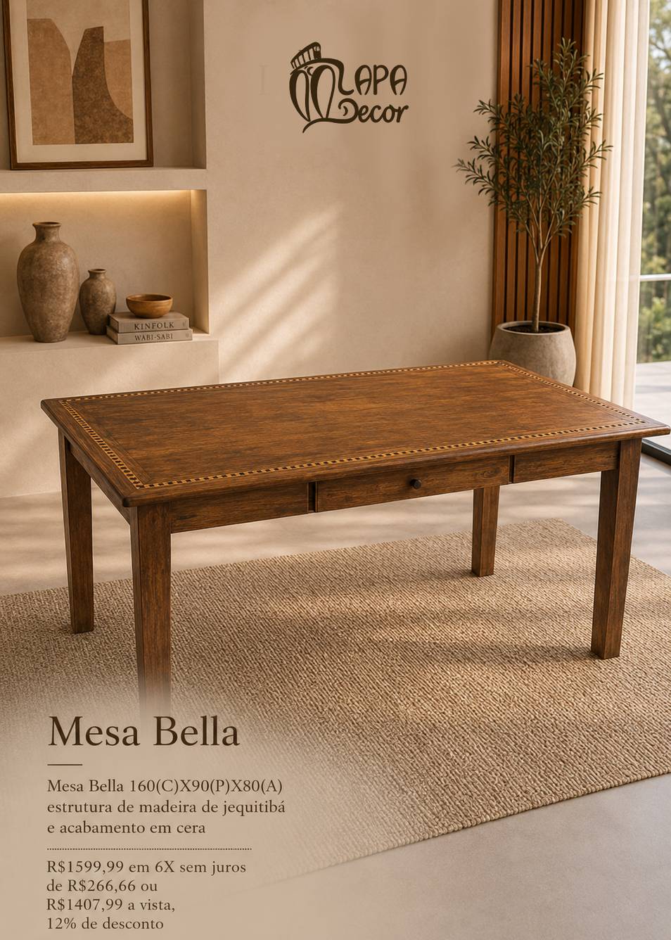 Mesa Bella 160x90x80cm em madeira jequitibá maciça, R$1.599,99 - Lapa Decor Rio de Janeiro