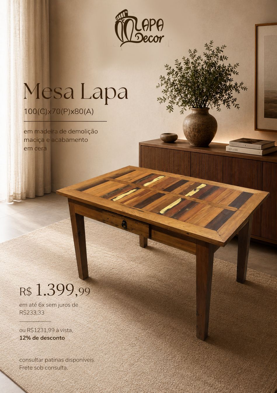 Mesa Lapa rústica em madeira de demolição, 100x70x80cm - Lapa Decor Rio de Janeiro