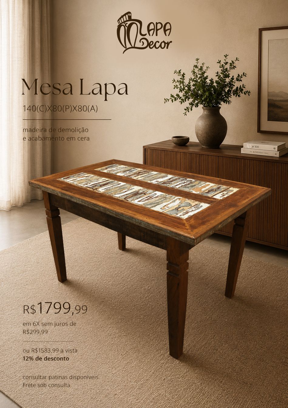 Mesa Lapa rústica em madeira de demolição, 140x80x80cm - Lapa Decor Rio de Janeiro