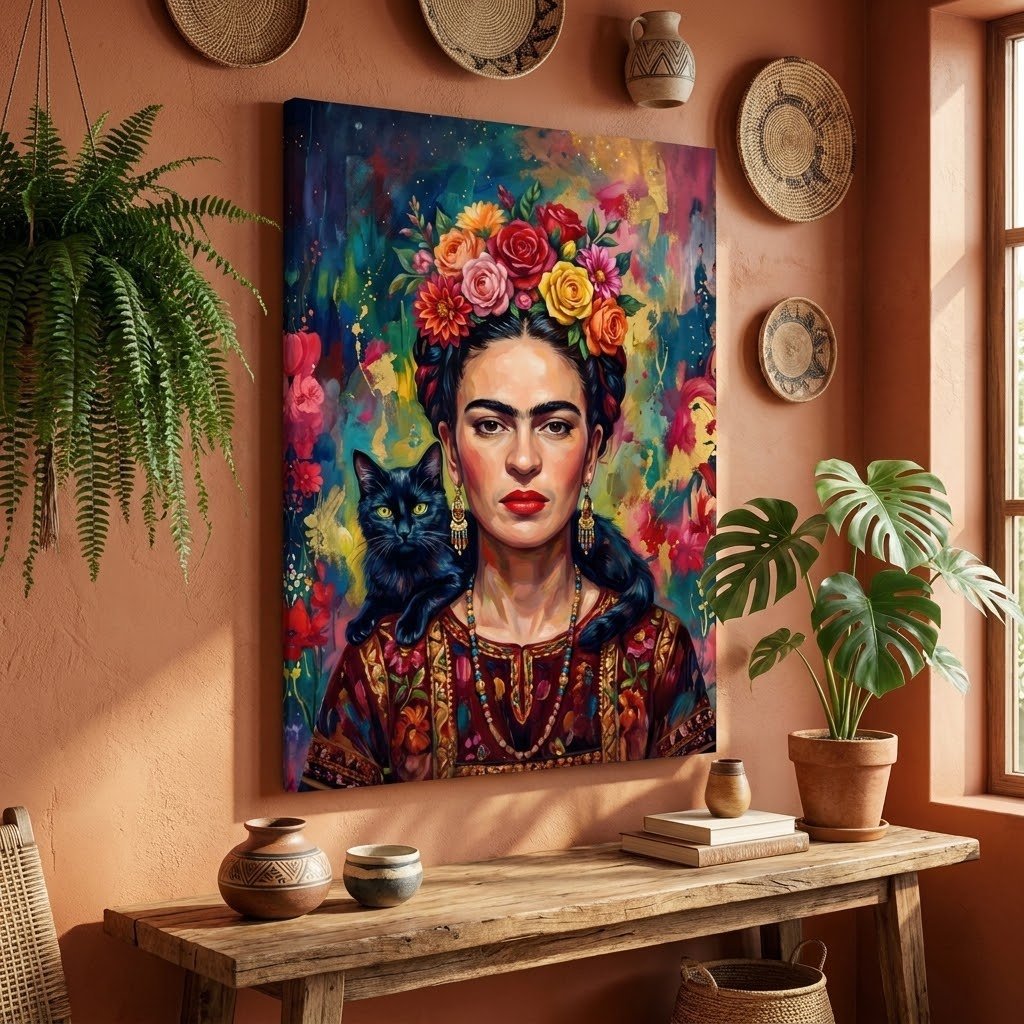 Quadro Frida Kahlo com gato preto ambientado na parede, decoração rústica - Lapa Decor