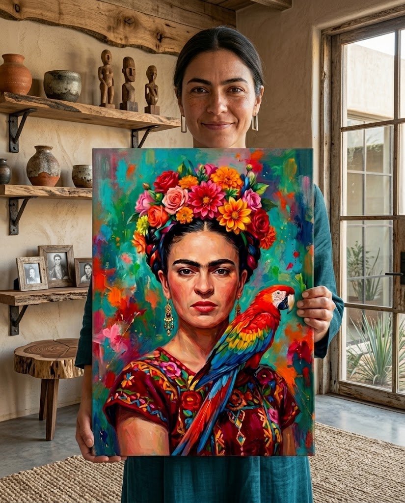 Quadro Frida Kahlo com arara colorida, moldura de madeira de demolição - Lapa Decor