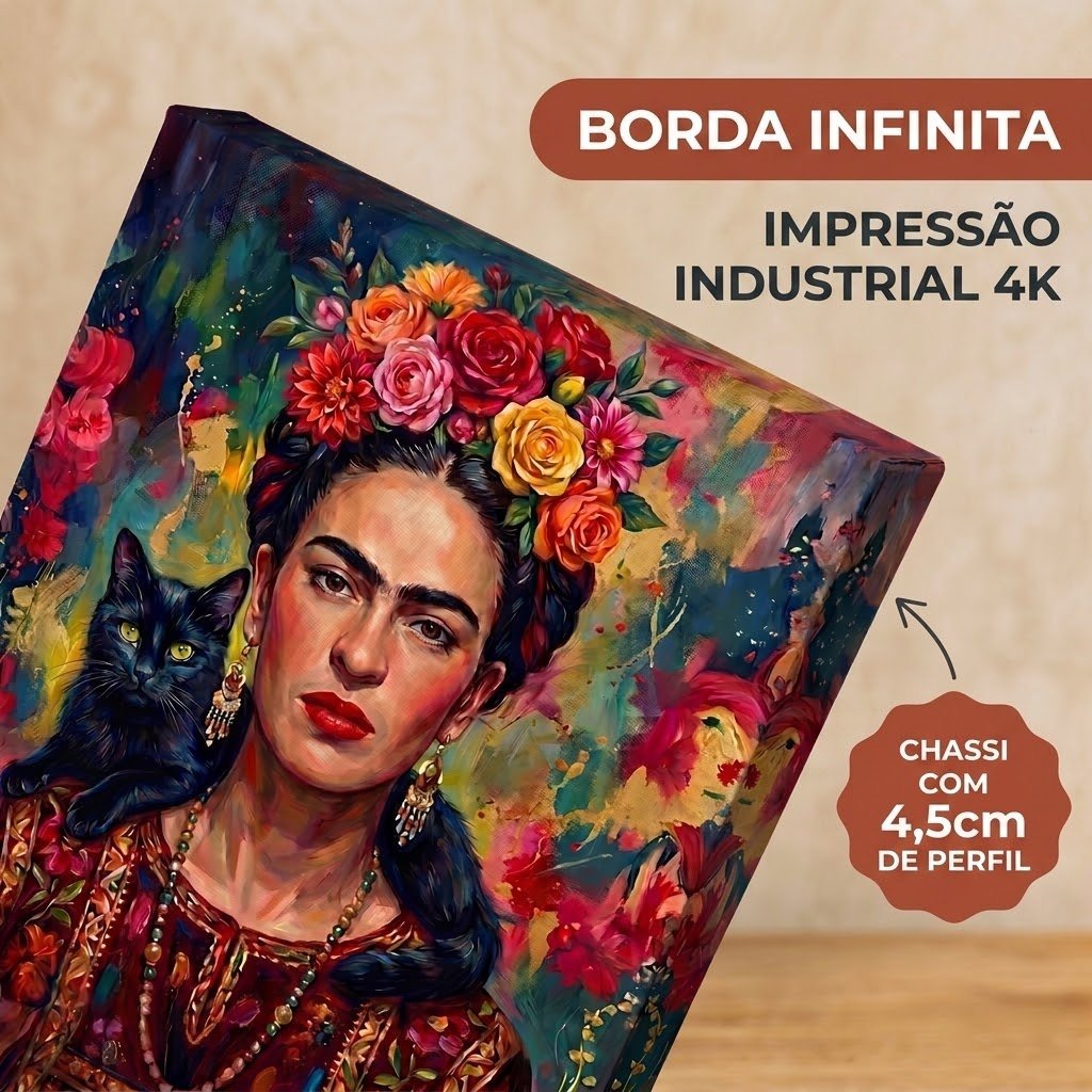 Detalhe da borda infinita do Quadro Frida Kahlo, chassi de 4,5cm, impressão industrial 4K - Lapa Decor