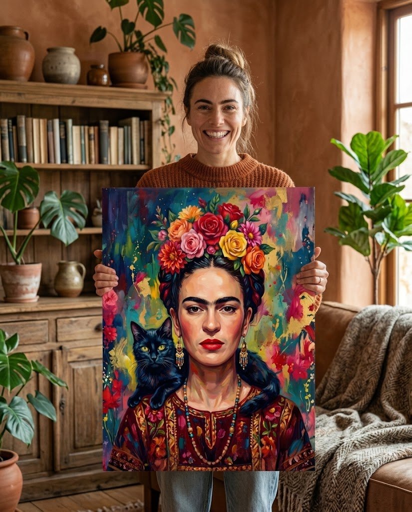 Quadro Frida Kahlo com gato preto, moldura de madeira de demolição - Lapa Decor Rio de Janeiro