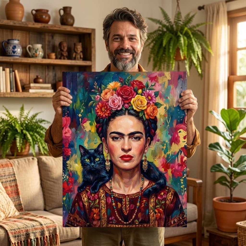 Homem segurando o Quadro Frida Kahlo com gato preto, borda infinita - Lapa Decor