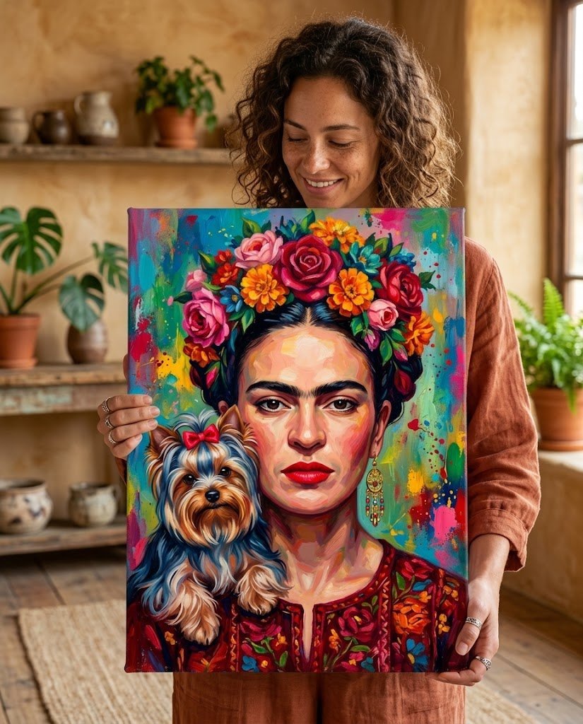 Quadro Frida Kahlo com cão Yorkshire, moldura de madeira de demolição - Lapa Decor